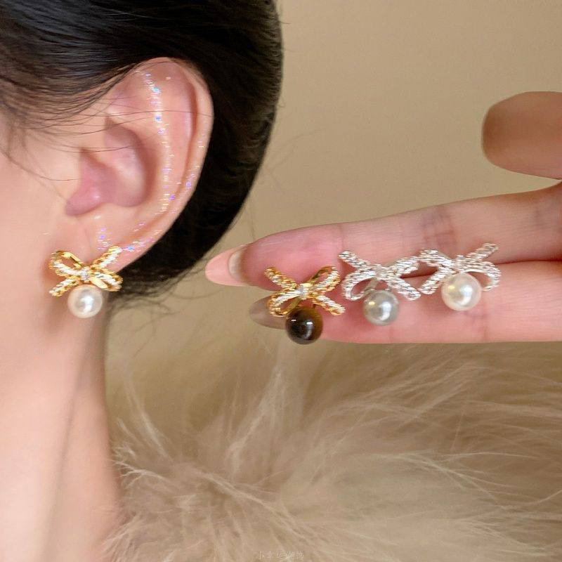 18K Real Gold Plated Silver Needle Zircon Bowknot Korean Style Elegant Personality Earrings Light Luxury High-end Feel Ear Jewelry-image-1090775684