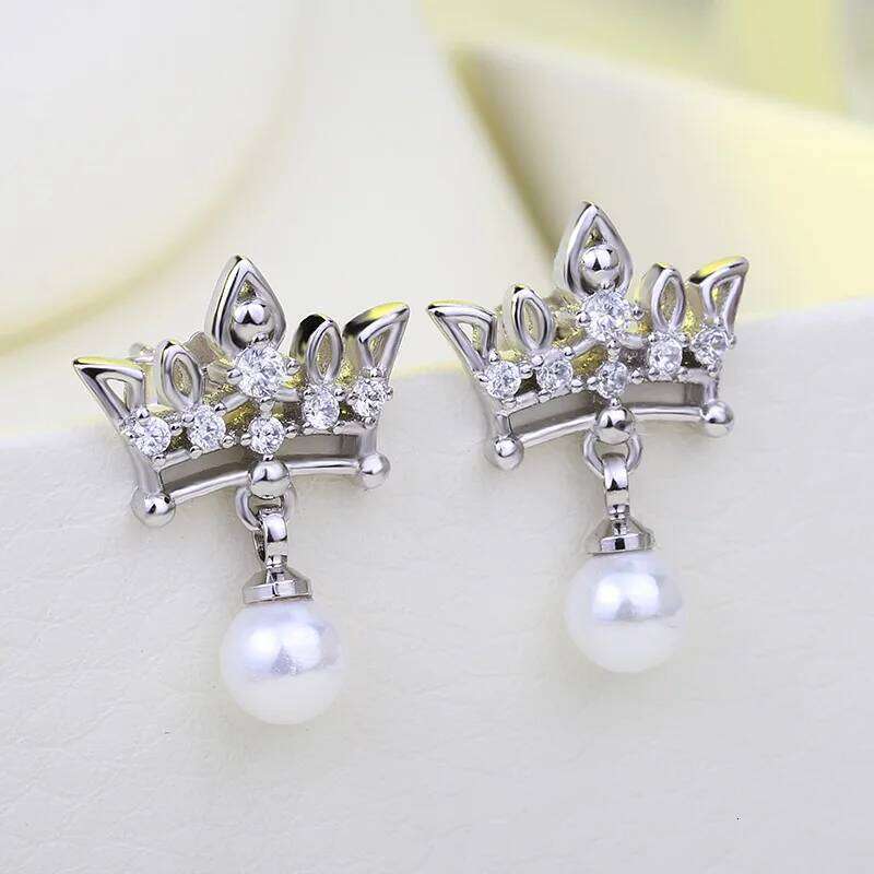 Fashion 925 Silver Needle New Spike Crown Vintage Stud Plata Earrings Real Genuine Charm Pearl Jewelry f1df6