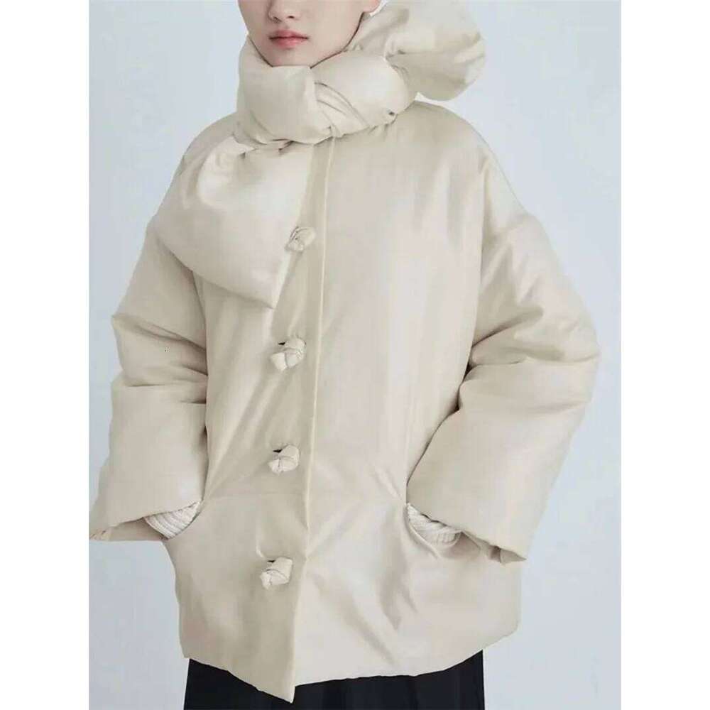 Women's Scarf Collar Warm Parkas Jacket Ladies Long Sleeve Loose Knot Single Breasted Solid Color Coat for Winter MDNG