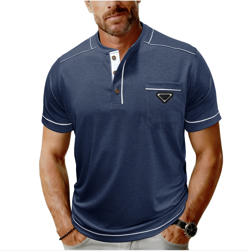 Men's T-Shirts Designers Sports Summer Short Sleeve T-Shirt Leather Badge Pattern Mens Henry Neck Casual Loose Tees