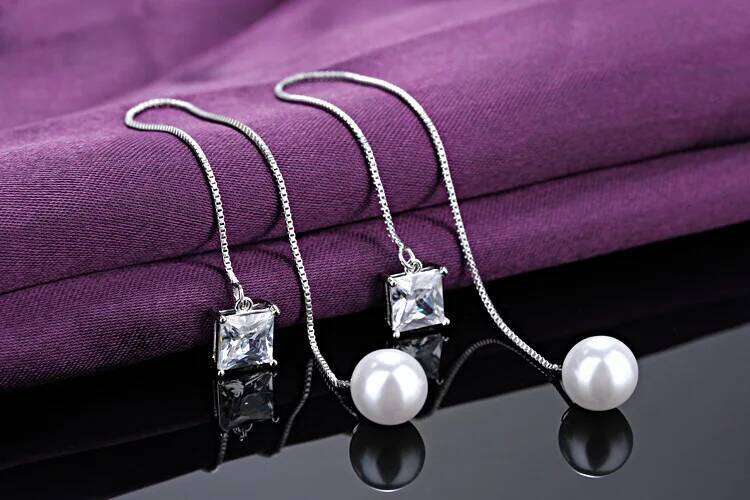 2021 Shiny Austrian Cystal 925 Silver Needle Pearl Drop Jewelry Fashion Ear Wire Chain Long Earrings for Women 2f24a