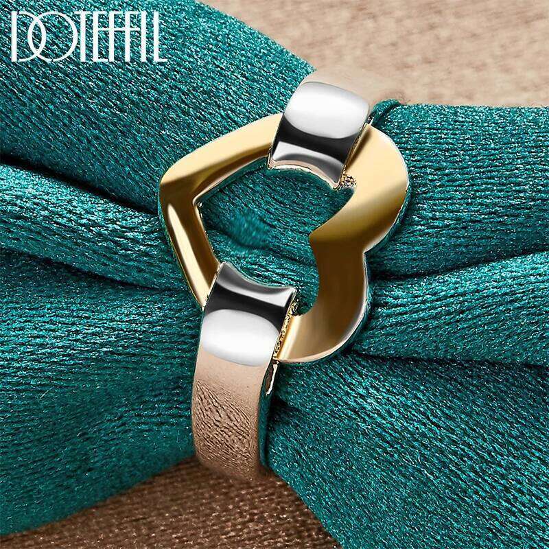 DOTEFFIL 925 Sterling Silver Gold Heart Ring For Woman Man Wedding Engagement Party Fashion Charm Jewelry eb0aa