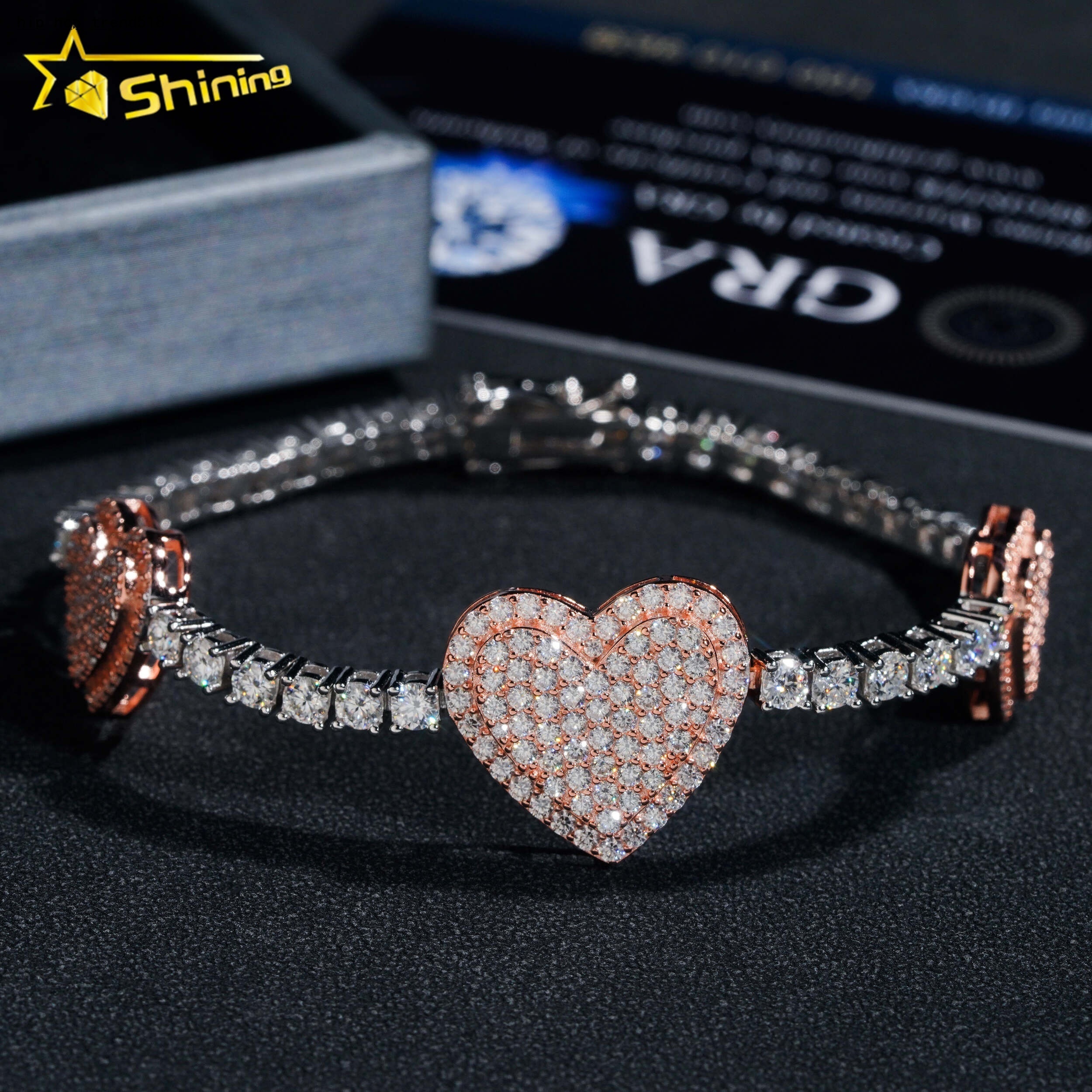 Ship Worldwide 3mm Factory Wholesale Solid S925 Gold Plated 2 Tones Hip Hop VVS D Color Moissanite Heart Tennis Chain Bracelet