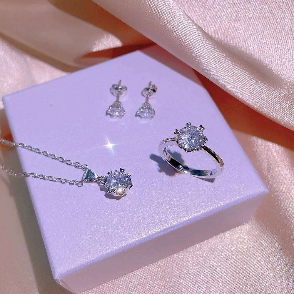 Classical Solid 925 Silver Needle Dazzling 6 Claws 5A Zirconia Necklace+Earrings+Ring Sets For Women Wedding Jewelry 95451
