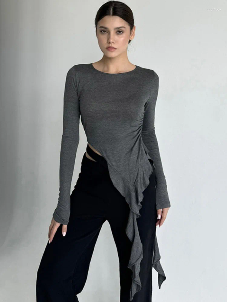 Women's T Shirts Irregular Tassel Women T-shirts Autumn Solid Full Sleeve O-neck Shirring Slim Tops Female Wild Trend Street Clothing