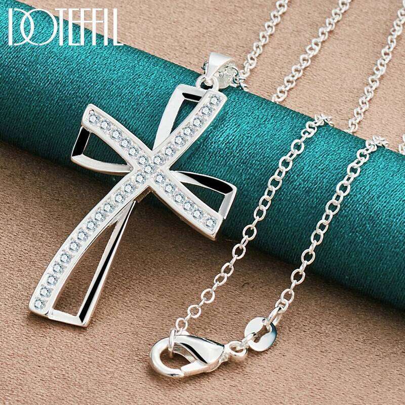 DOTEFFIL 925 Sterling Silver 16-30 Inch Chain Cross AAA Zircon Pendant Necklace For Woman Fashion Wedding Party Charm Jewelry d9f98