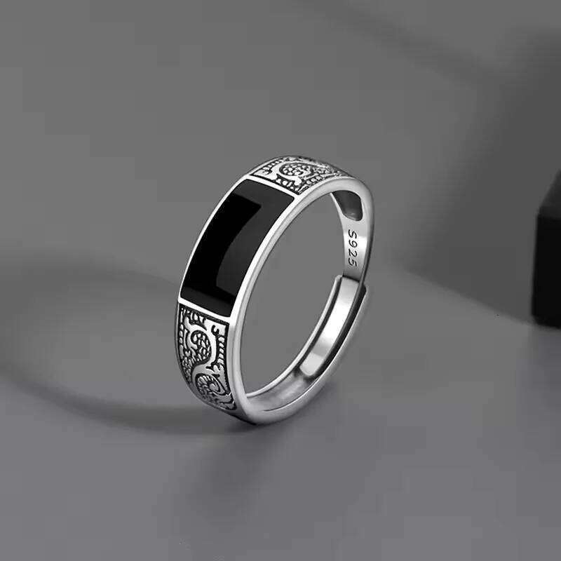 925 Sterling Silver Rings for Women Men Couple Minimalist Handmade Simple Black Stone Ring Party Jewelry Gift Prevent Allergy 641ed