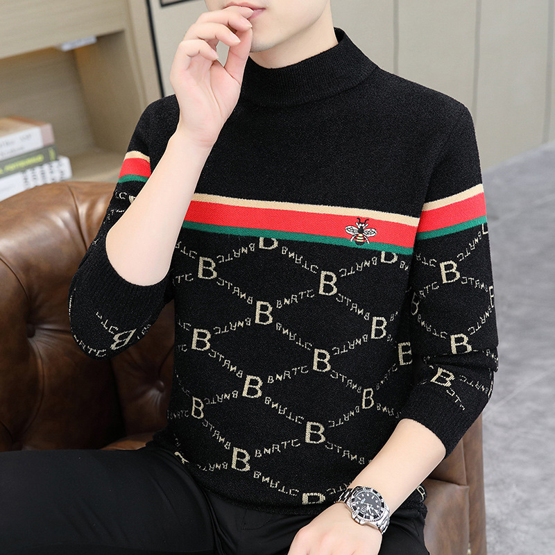 2026 New Half-neck Sweater Men's Luxury Fox Fur Knitted Base Shirt Casual, Versatile, Warm, Fashionable Embroidery Patched Colorful Contrast Li