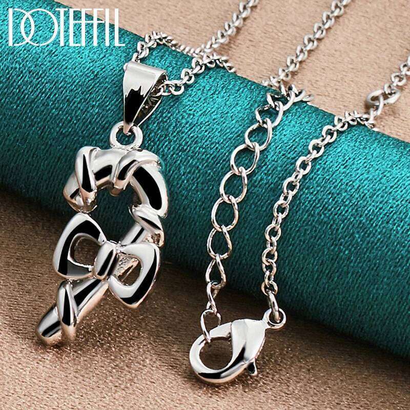 DOTEFFIL 925 Sterling Silver Hook Bowknot Pendant Necklace 18 Inch Box Chain For Woman Fashion Wedding Charm Jewelry 7e63d