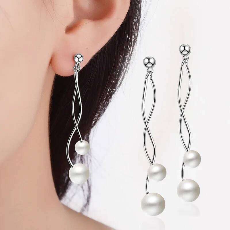 Luxury Double Natural Freshwater Pearl Tassels Drop Earrings 925 Sterling Silver Jewelry for Woman 3cca6