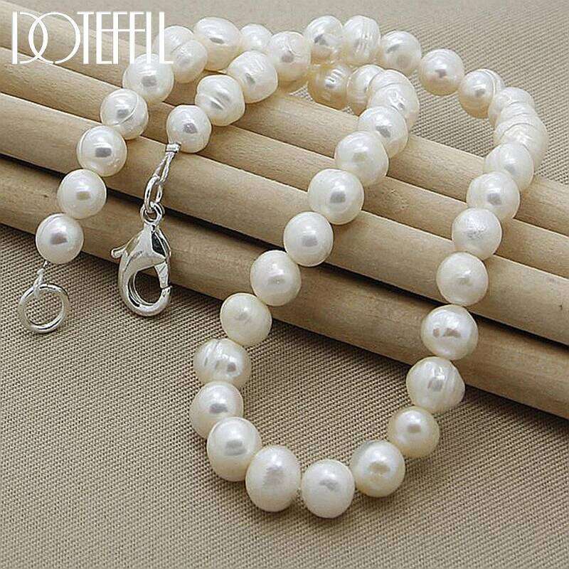 DOTEFFIL 8mm Artificial Pearl White/Pink/Purple 925 Sterling Silver 16-20 Inch Chain Necklace Woman Engagement Wedding Jewelry f7665