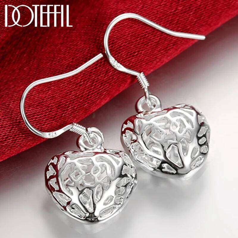 DOTEFFIL 925 Sterling Silver Hollow Heart Ball Drop Earrings For Woman Wedding Engagement Party Fashion Charm Jewelry 1672e