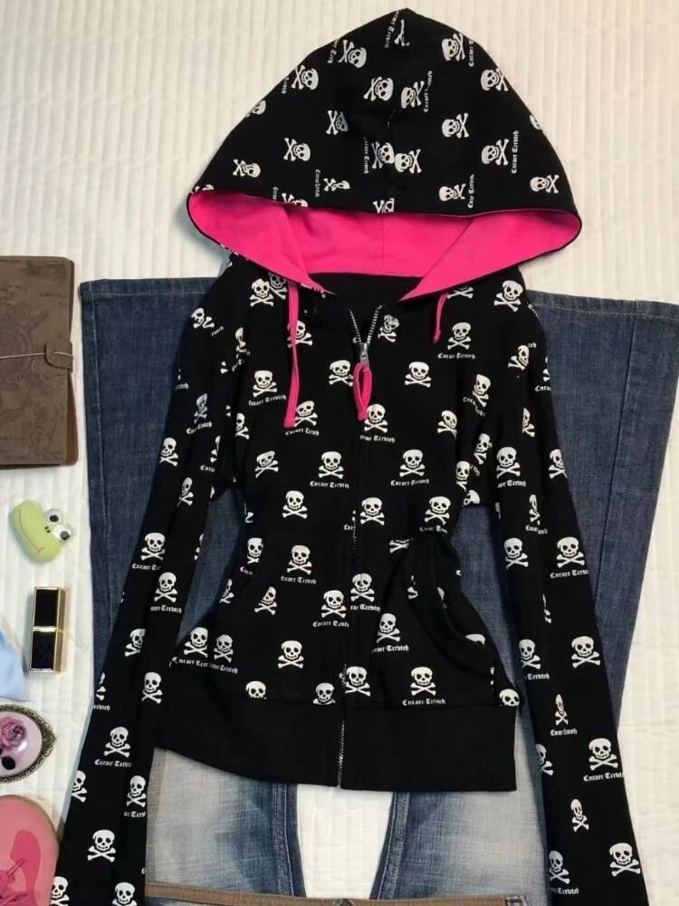 Bestseller 2000s Y2k Gothic Punk Skeleton Print Cardigan Contrast Hooded Sweatshirt Jacket Women Spring Autumn 2025 New Slim Fit Black Tops ddmytues