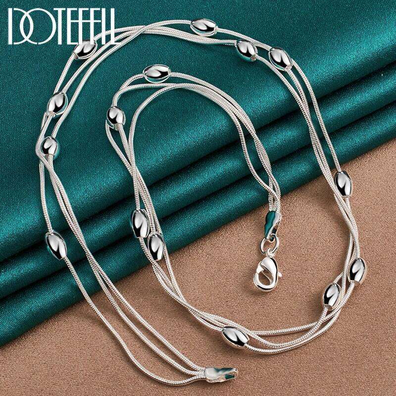 DOTEFFIL 925 Sterling Silver Three Snake Chain Smooth Beads Necklace For Women Man Fashion Wedding Party Charm Jewelry fa849