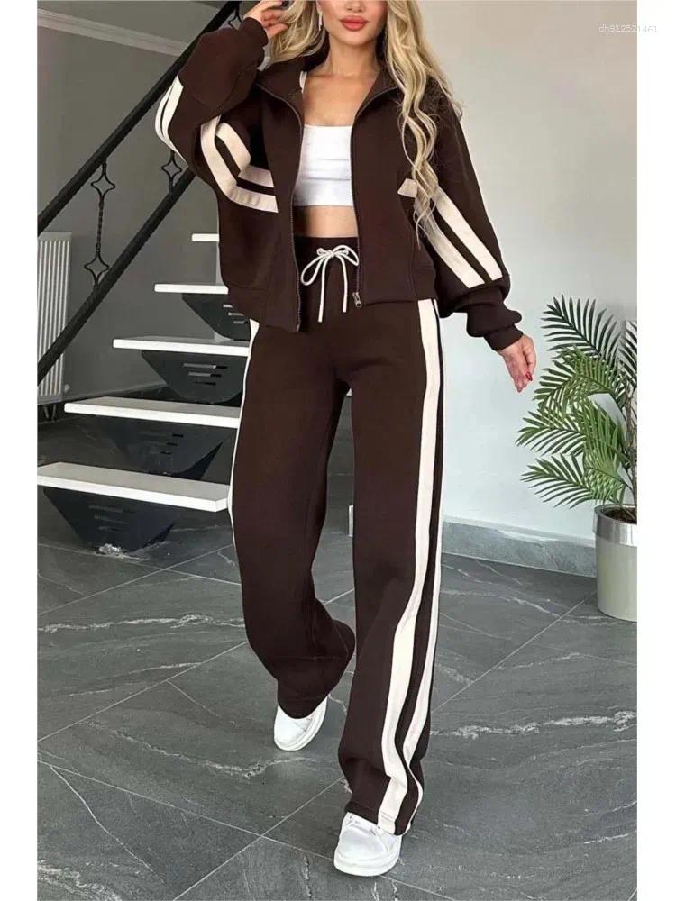 Women's Tracksuits 2026 Autumn Winter Two-piece Set Womens Zipper Striped Loose Jacket Outwear And High Waist Side-striped Pants Sports Sets