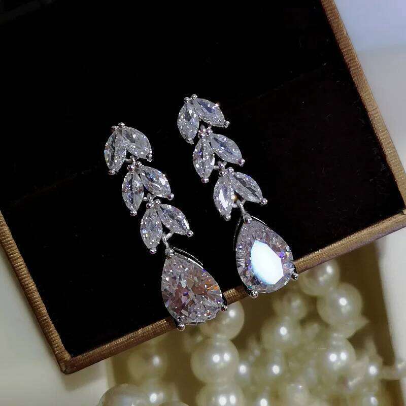 Fashion Super Shine AAAAA CZ Crystal Water Drop Flower Long 925 Silver Needle Earrings For Women Wedding 19d62