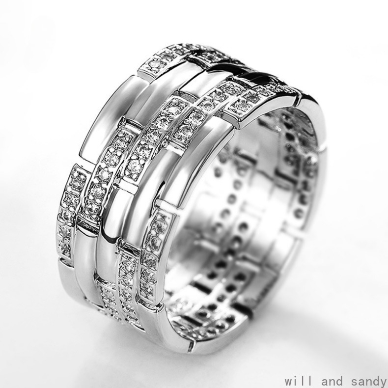 Wide Bricks Cubic Zirconia Charm Designer Sterling Silver Diamond CZ Rings for Women Man Wedding Engagement Band Ring Hiphop Jewelry Gift