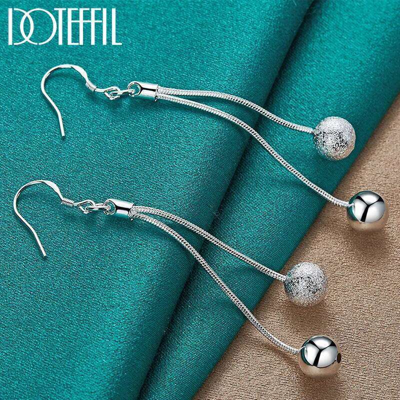DOTEFFIL 925 Sterling Silver Smooth Matte Beads Long Drop Earrings For Woman Wedding Engagement Fashion Party Charm Jewelry 7f620