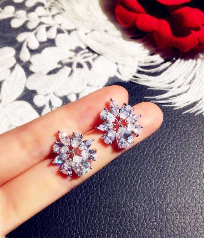 New Design Wedding Jewelry Clear AAA Austrian Zircon Elegant 925 Silver Needle Flower Stud Earrings For Women 4cb57