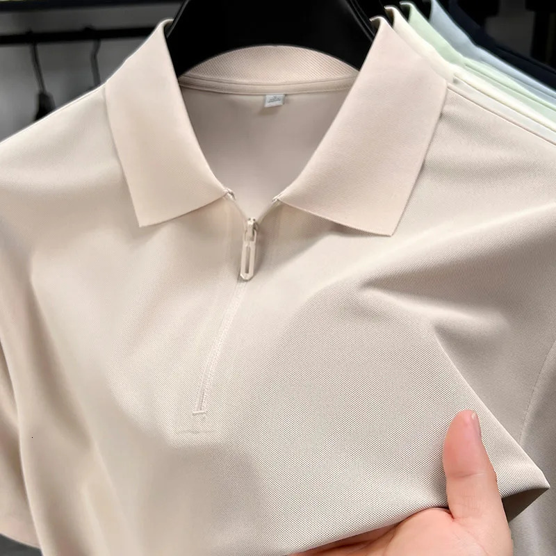 Mens Half-Zip Polo Shirt Light Beige Breathable Casual Slim Fit Stretch Cotton Classic Collar Business Casual Tops 251226