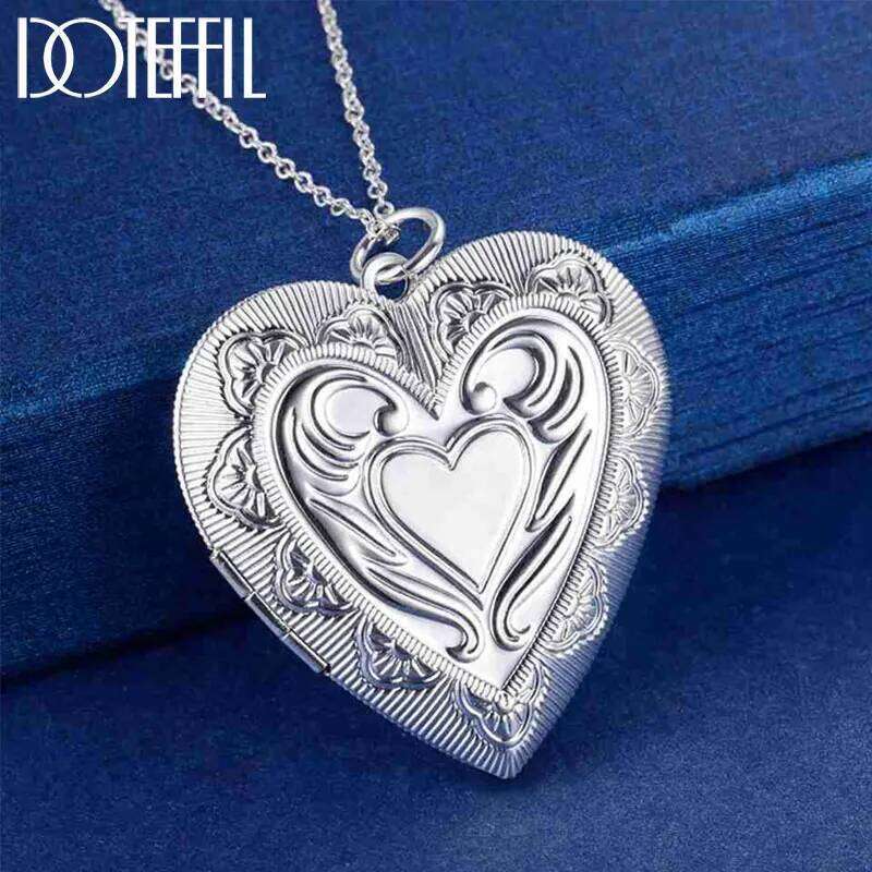 DOTEFFIL 925 Sterling Silver Heart-Shaped Photo Frame Necklace For Women Fashion Wedding Party Charm Jewelry 1da39