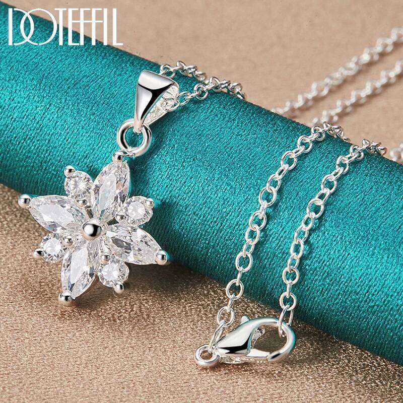 DOTEFFIL 925 Sterling Silver AAA Zircon Flower Pendant Necklace 16-30 Chain For Woman Fashion Wedding Engagement Charm Jewelry d5f96