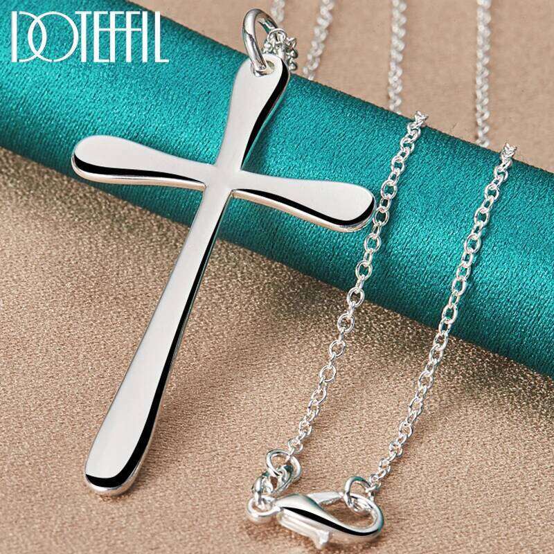 DOTEFFIL 925 Sterling Silver Long Cross Pendant Necklace 16-30 Inch Chain For Woman Man Fashion Wedding Engagement Charm Jewelry c0fd9