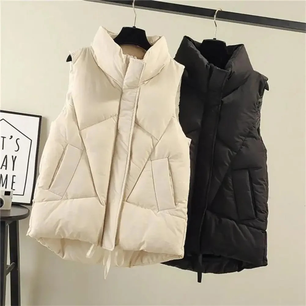 Womens Winter Waistcoat Lapel Collar Zippered Vest Jacket with Pockets Cotton Padded Warm Sleeveless Coat for Outdoor 251226