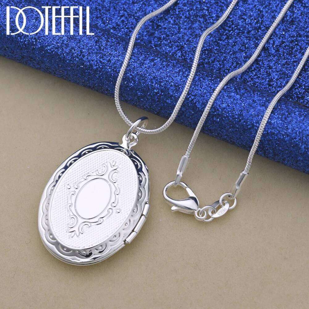 DOTEFFIL 925 Sterling Silver Oval Round Photo Frame Pendant Necklace 18/20-28/30 Inch Snake Chain For Woman Man Wedding Jewelry ffe72