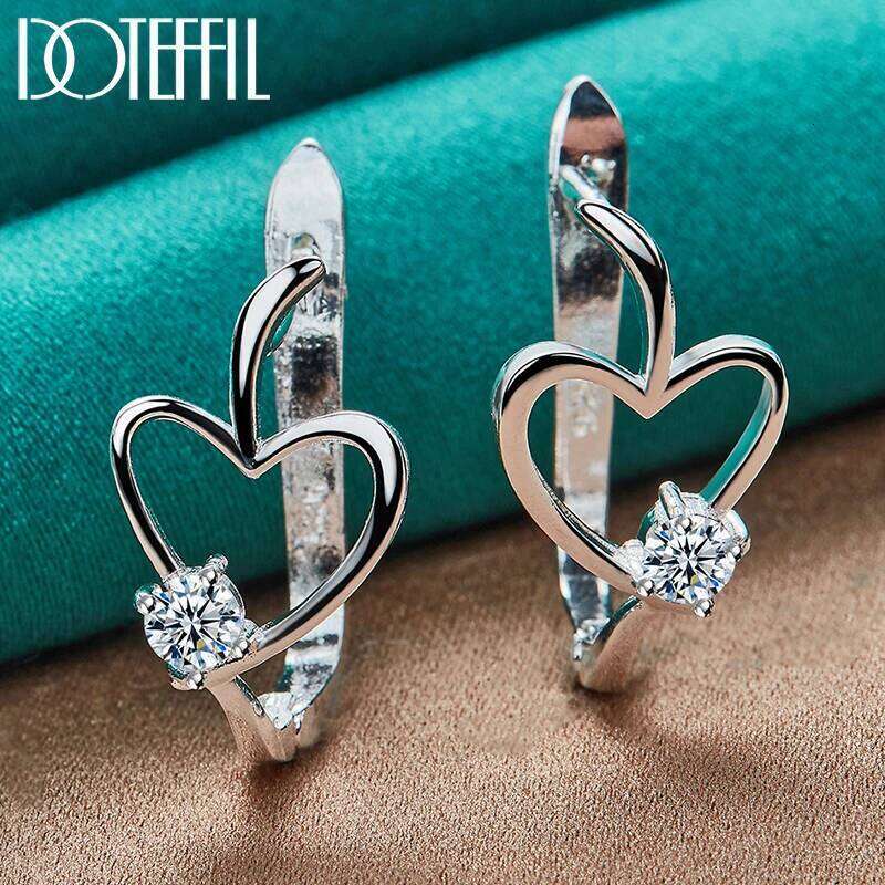 DOTEFFIL 925 Sterling Silver Heart inlaid Crystal Earring For Woman Charm Engagement Wedding Party Jewelry Gift 64c72