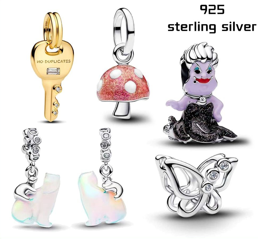 Beautiful S925 silver bracelet, bangle, snake chain, butterfly, mushroom, gold key pendant, DIY beads