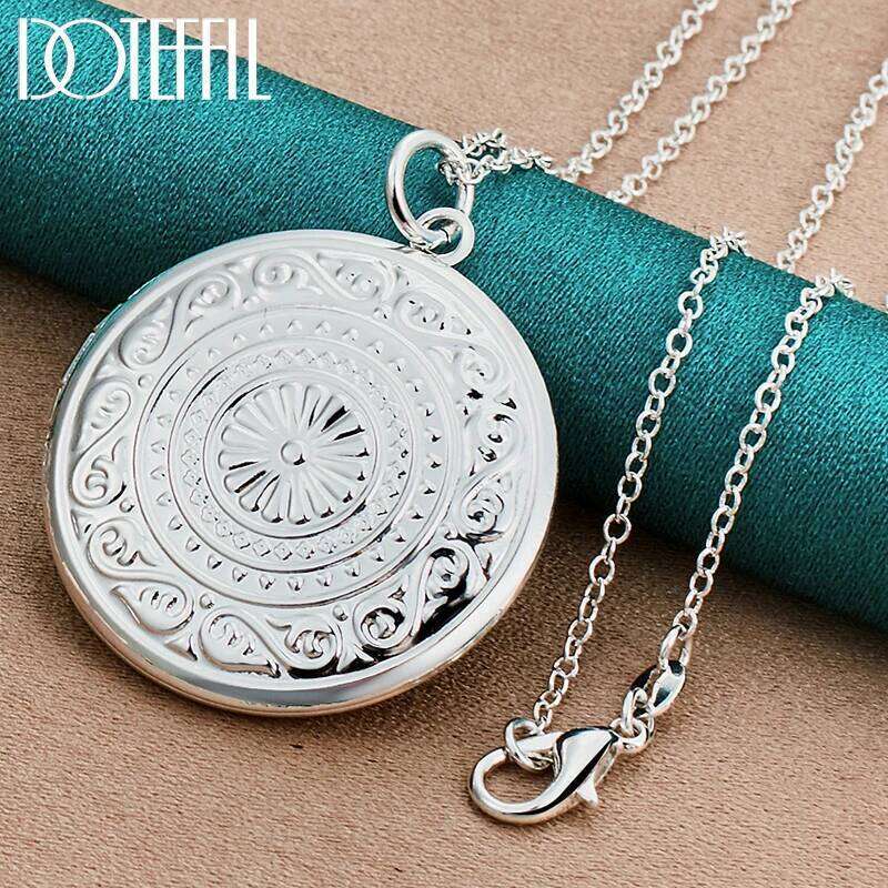 DOTEFFIL 925 Sterling Silver Round Photo Frame Necklace 16-30 Snake Chain For Women Man Fashion Wedding Party Charm Jewelry 3aa6d