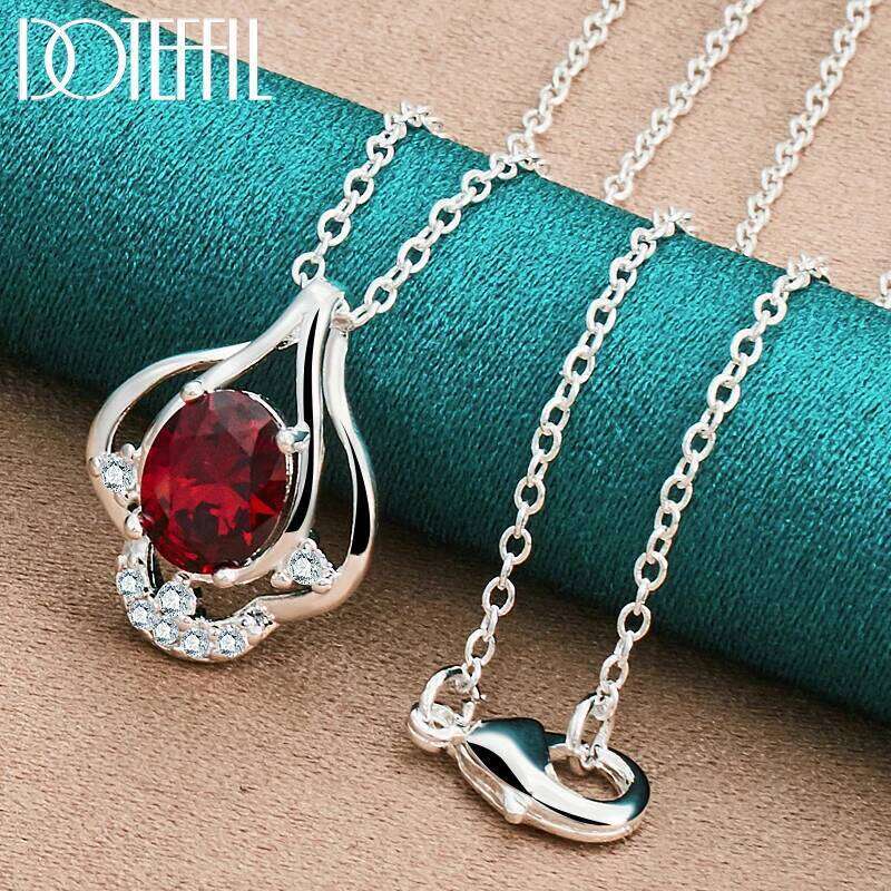 DOTEFFIL 925 Sterling Silver AAA Red Zircon Pendant Necklace 18-30 Inch Chain For Woman Wedding Engagement Fashion Charm Jewelry 155c9