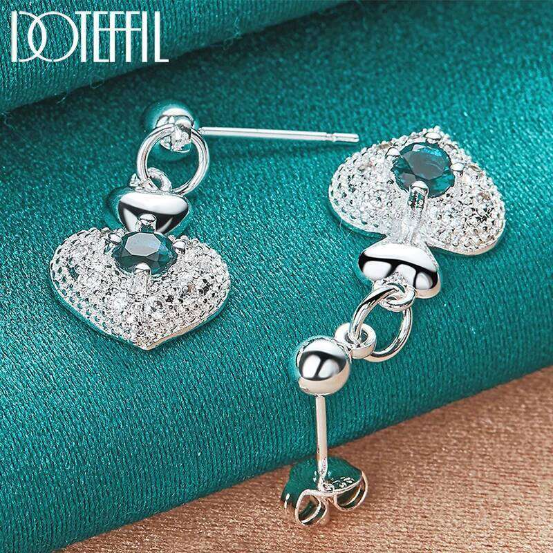 DOTEFFIL 925 Sterling Silver Heart Blue AAA Zircon Drop Earring For Woman Wedding Engagement Party Fashion Charm Jewelry 5d9f6