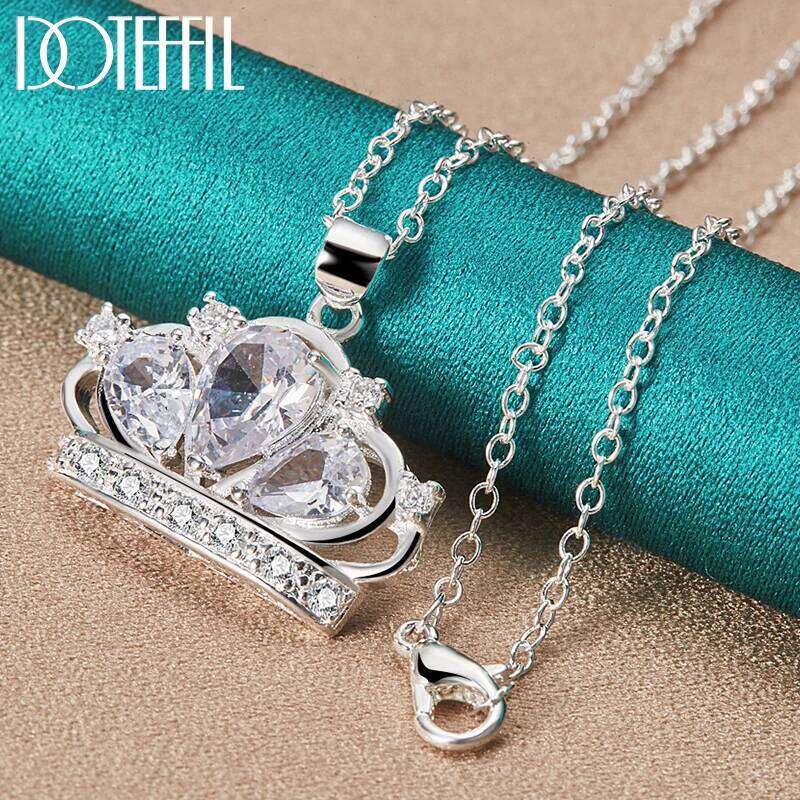 DOTEFFIL 925 Sterling Silver AAA Zircon Crown Pendant Necklace 18/20/22/24/26/28/30 Inch Chain For Woman Charm Wedding Jewelry 6045e
