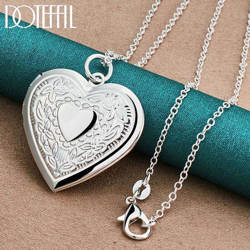DOTEFFIL 925 Sterling Silver 18-30 Inch Chain Heart Photo Frame Flower Necklace For Woman Fashion Wedding Party Charm Jewelry 3498c