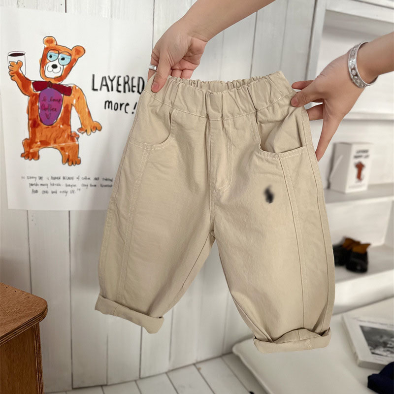 Designer Kids Cargo Pants - 2026 Spring-Summer Solid Color Embroidered Elastic Waist Streetwear Unisex Casual Trousers for Toddler Baby Boys Girls