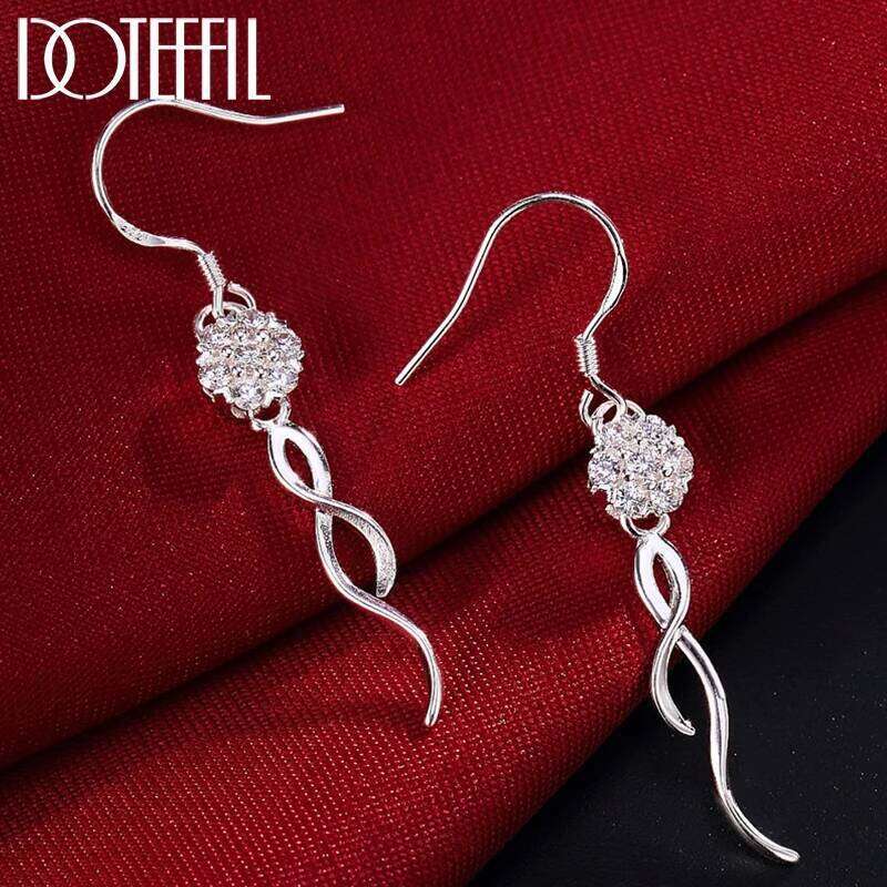 DOTEFFIL 925 Sterling Silver Round Ball 8mm AAA Zircon Drop Earring Wedding Engagement Party Fashion Jewelry ad3de