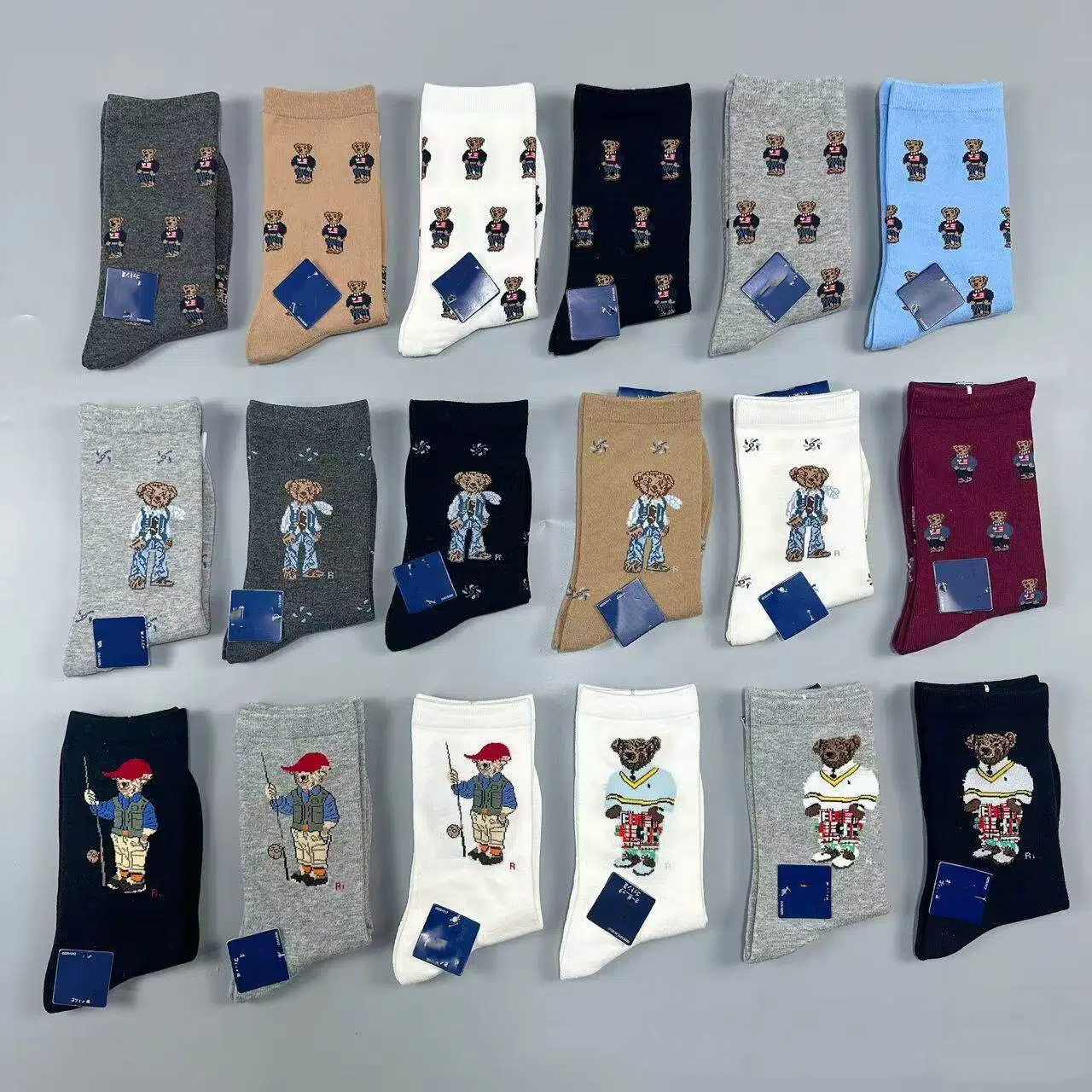 Chaussettes en coton mi-mollet ours de dessin animé pour hommes, tendance, quatre saisons, décontractées, Streetwear, chaussettes d'équipage.Tech