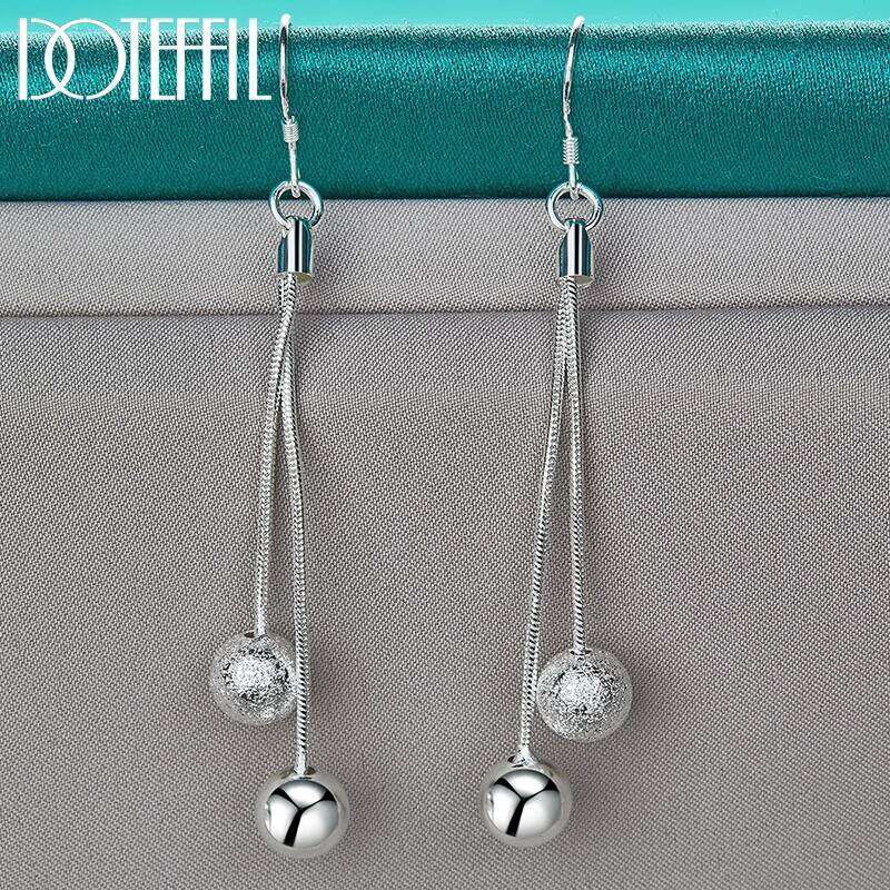 DOTEFFIL 925 Sterling Silver Smooth Matte Beads Long Drop Earrings Wedding Engagement Fashion Party Charm Jewelry 4e90d