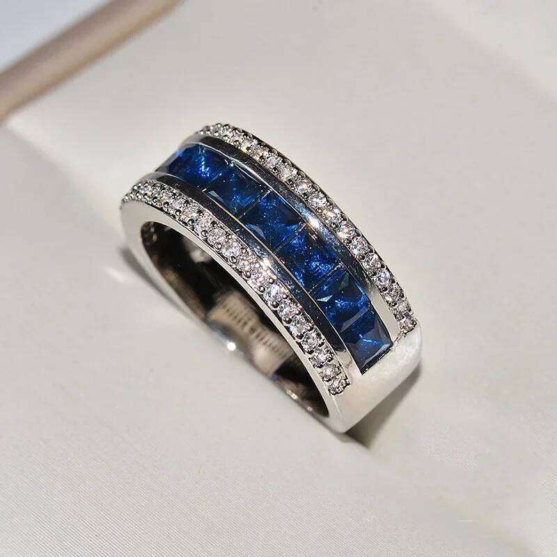 Authentic 925 Sterling Silver Finger With Round Blue Square Cubic Zirconia Crystal Wide Ring For Women Wedding Jewelry 8f06c
