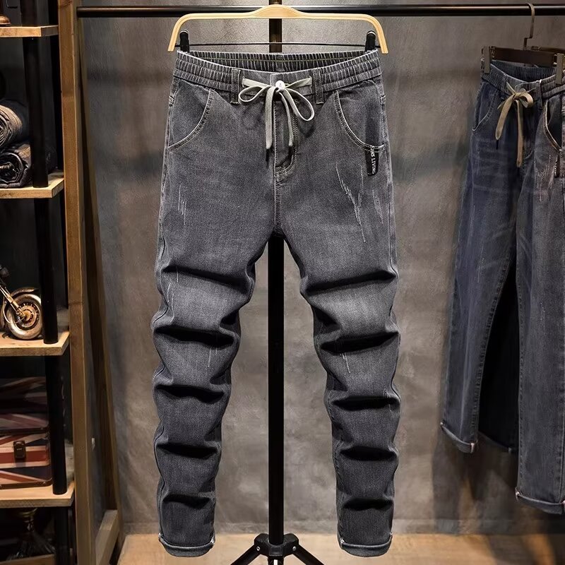 2024 Mens Elastic Waist Jeans Straight Legs Spring and Autumn Summer Stretching Slim Smooth Silhouette Pants 240822