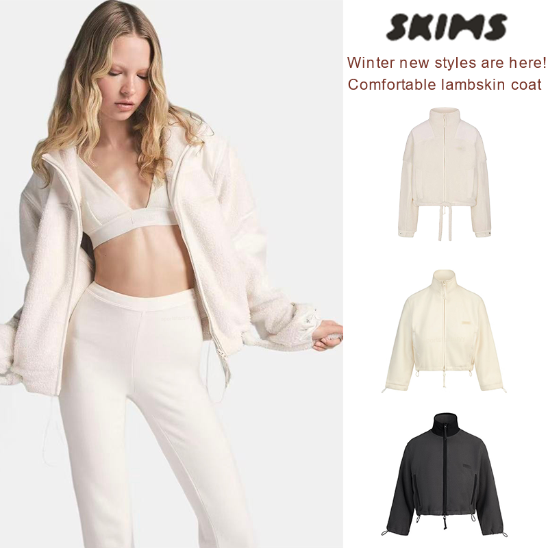 Skims Women Clothes Winter New Button Down Lambskin Coat For Ladies Cream Puff Style Lazy Fitting Short Pullover With Drawstrings Cropped Sweatshirt