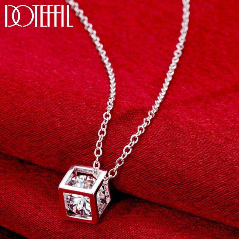 DOTEFFIL 925 Sterling Silver Square AAA Zircon Pendant Necklace 18-30 Inch Chain For Women Fashion Wedding Party Charm Jewelry 6e4f4