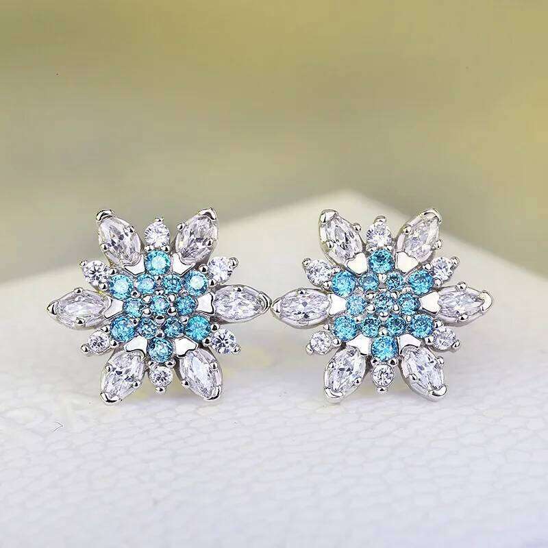 Luxury Champagne Rose Gold Flower Stud Earrings with Blue Zircon Stone Women Birthday Bijouterie 925 Silver Jewelry Gift 3e321