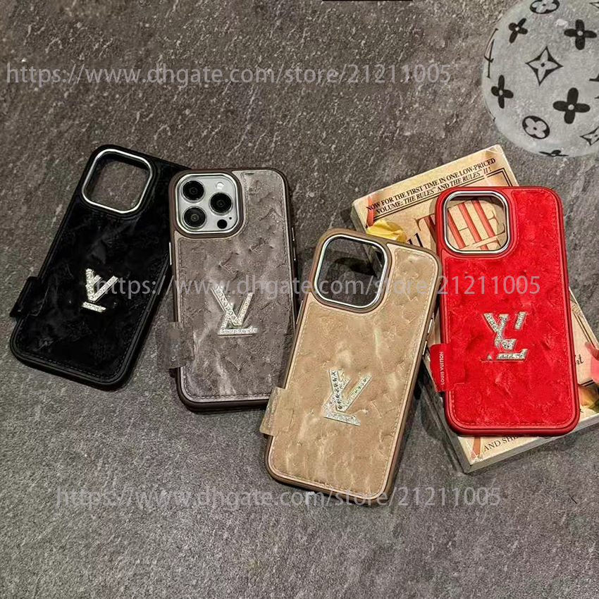 1V Phone Case For Iphone 17 16 15 14 13 Pro Max 16Pro Sparkling Diamond Logo Case Luxury Velvet 17Pro Cover For Apple 15Promax 14Promax 13Promax