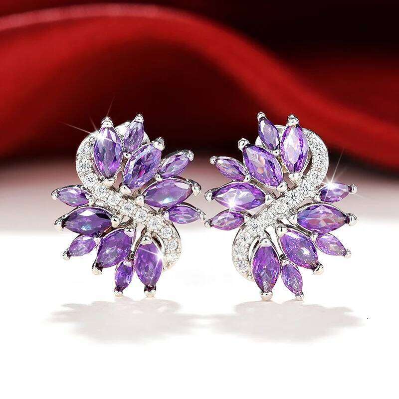 New Arrival Gorgeous Purple Flower Stud Earring for Women Engage Dance Party Noble Brilliant Zircon 925 Silver Needle Earrings 07126