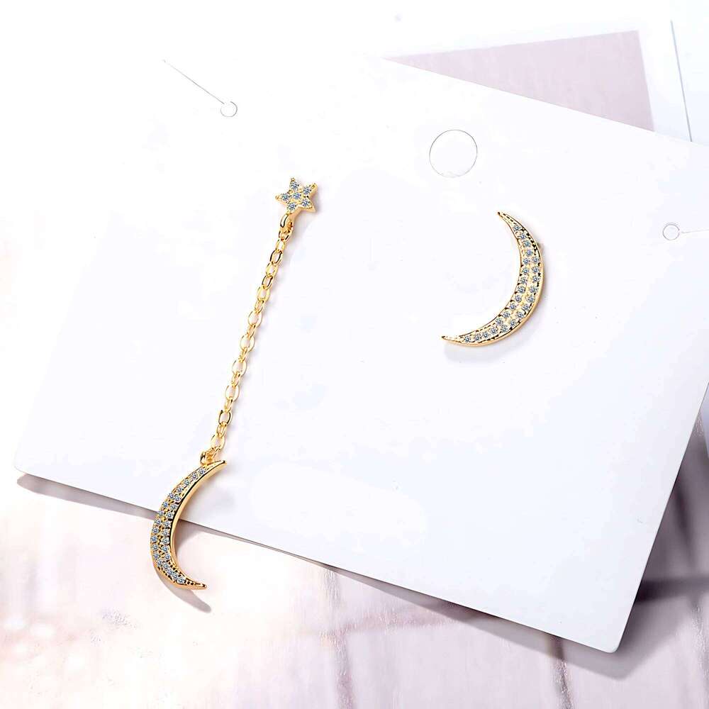 Sam Panda 925 Sterling Silver Star Moon Zircon Earrings for Women Ear Stud Asymmetry Exquisite Fashion Jewelry Gift Dropshipping de893