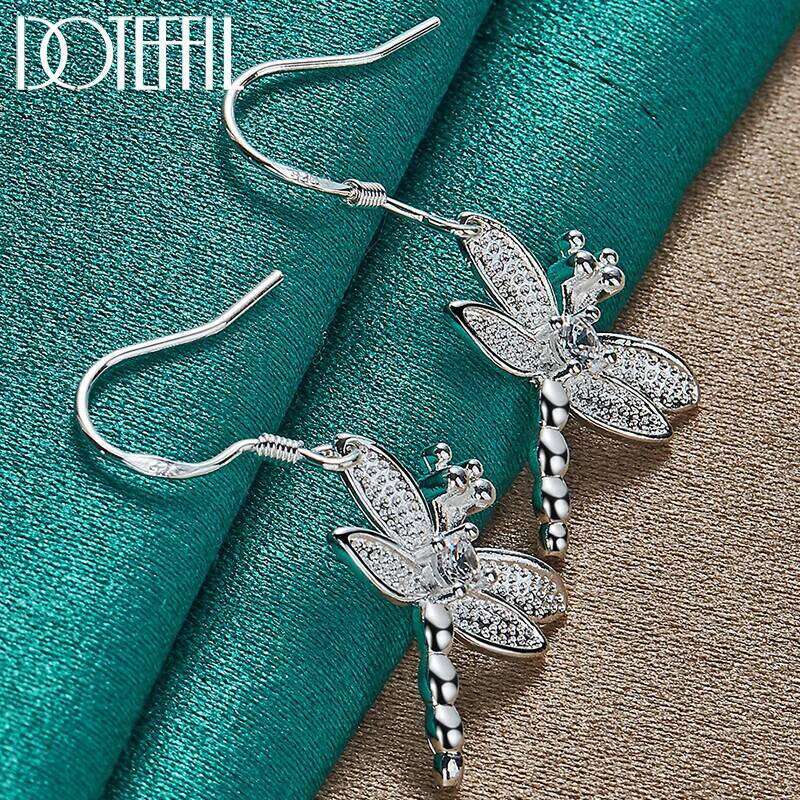 DOTEFFIL 925 Sterling Silver Dragonfly AAA Round Zircon Drop Earrings For Woman Wedding Engagement Party Fashion Charm Jewelry 1cebf