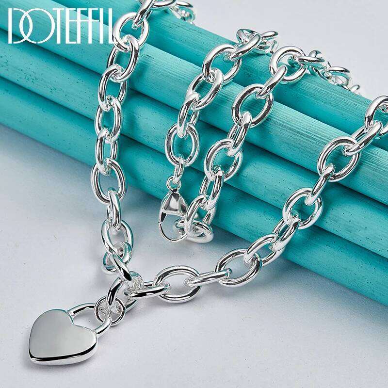 DOTEFFIL Heart Lock Pendant Necklace 925 Sterling Silver Woman Wedding Engagement Fashion Jewelry 5b841